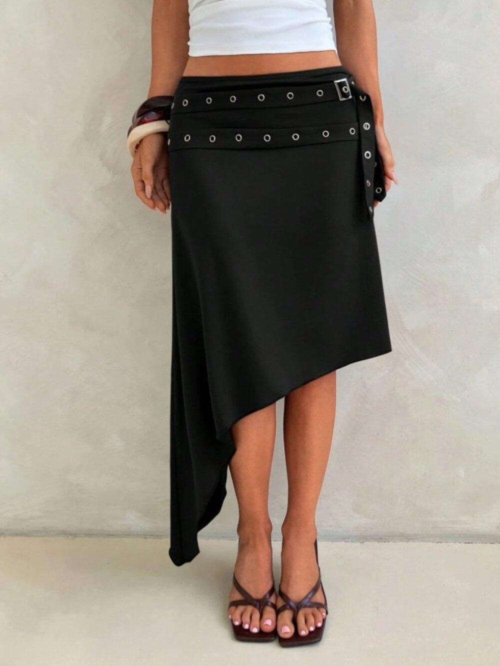 Black Grommet Belt Asymmetric Midi / Mini Skirt